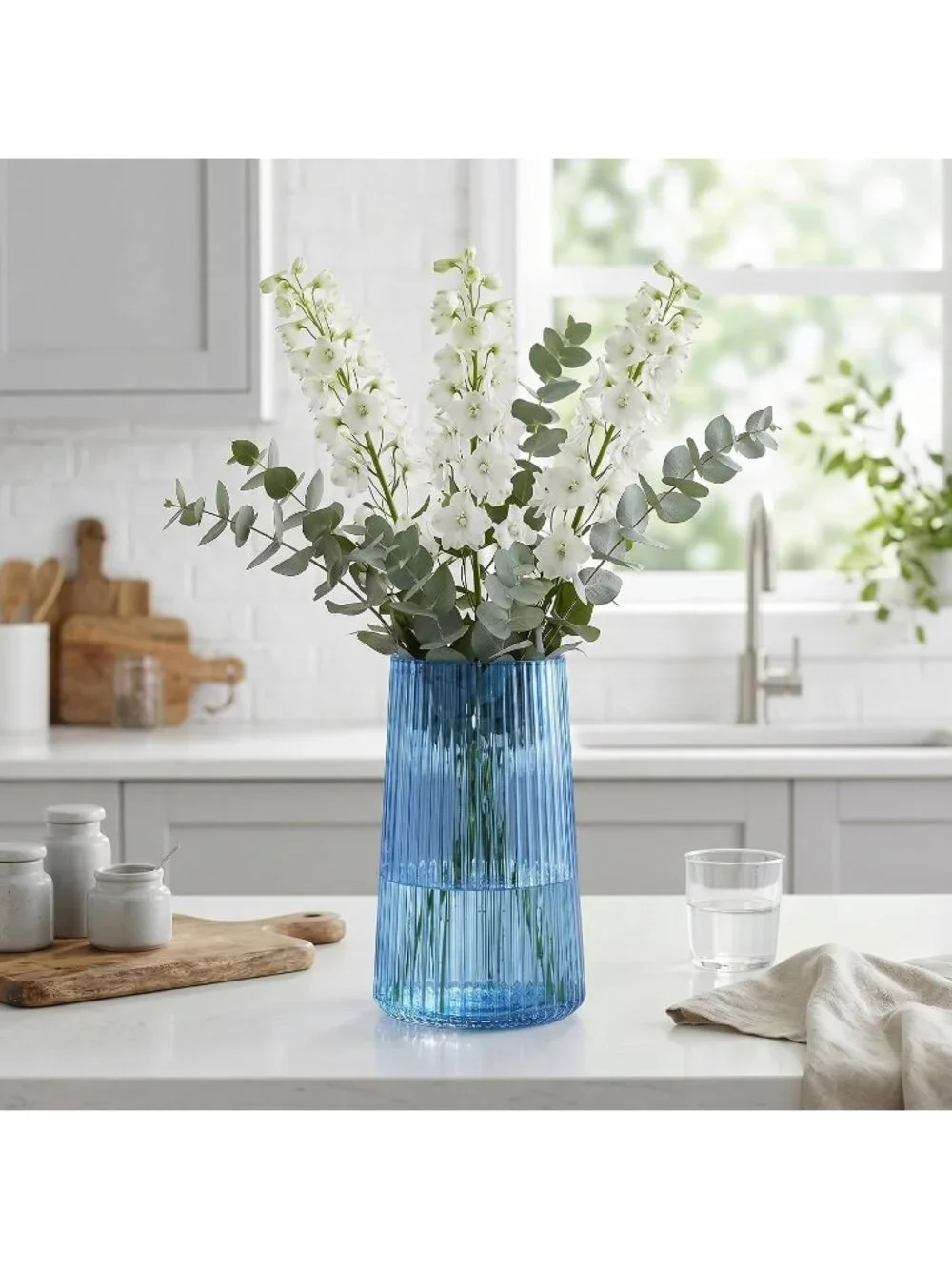 8 Inches Modern Blue Glass Vase Flower Bouquet Living Room Bedroom Home Deco